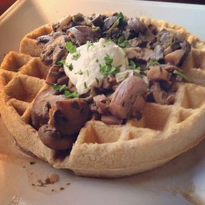 Mushroom waffle: buckwheat waffle, sauteed mushroom, in an almond creme sauce. at ChocolaTree Organic Oasis in Sedona