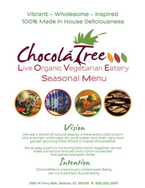 Current menu front cover  at ChocolaTree Organic Oasis in Sedona