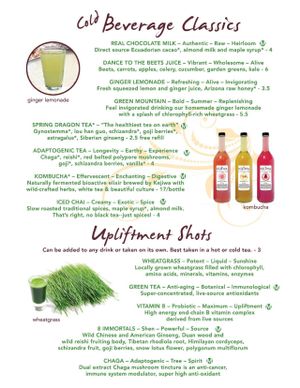 Current menu: cold beverages & upliftment shots at ChocolaTree Organic Oasis in Sedona