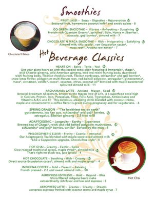 Current menu: smoothies & hot beverages at ChocolaTree Organic Oasis in Sedona