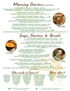 Current menu: breakfast, soups, starters, sides...  at ChocolaTree Organic Oasis in Sedona