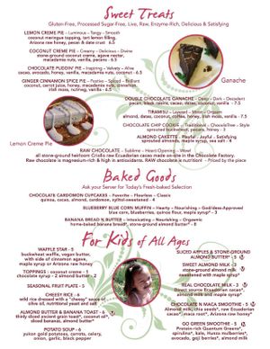 Current menu: Sweet treats, baked goods, kids' menu at ChocolaTree Organic Oasis in Sedona