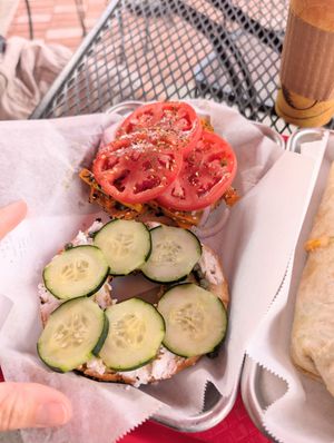 Fauxy loxy on everything bagel, was excellent at Red Scooter Deli in Paso Robles