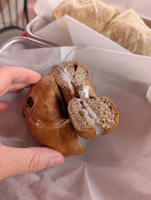 Cinnamon raisin bagel with vegan cream cheese, delicious! at Red Scooter Deli in Paso Robles