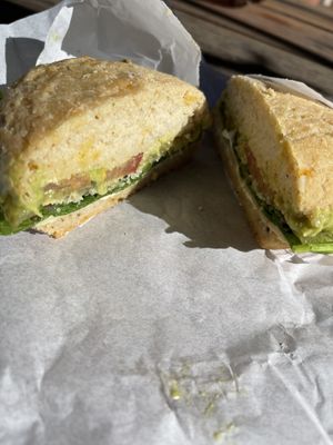 The classic vegan veggie sandwich on vegan gluten-free jalapeño cheddar bread. 🤤 at Bless Your Heart Bakery in Paso Robles