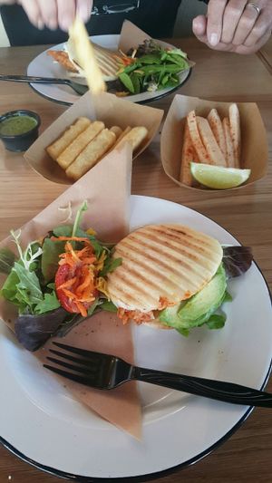 chipotle jackfruit arepa, jicama straws and fried yucca at Arepa TX in Frisco