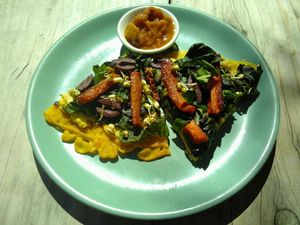 Nice chickpea flatbread with chutney for $8 per slice at Soul Food Organic Store and Cafe in Wanaka