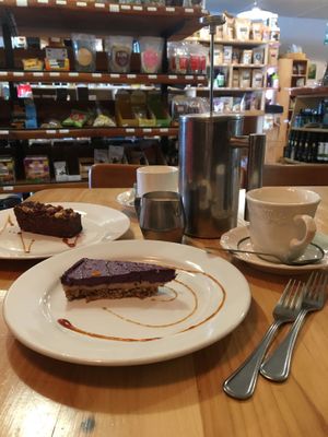 Plunger coffee with homemade coconut milk and desserts at Soul Food Organic Store and Cafe in Wanaka