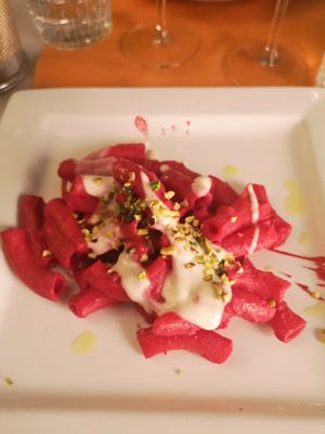 Beetroot maccharoni at L'OV Osteria Vegetariana in Florence
