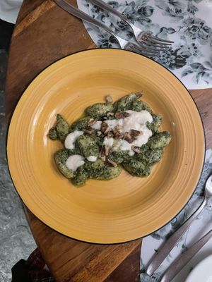 Gnocchi with pesto and cashew cream  at L'OV Osteria Vegetariana in Florence