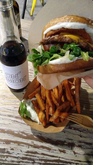 Smash burger & sweet potato fries at Veg Machine in Tallinn