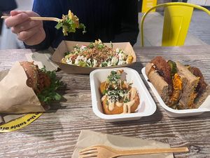 Trucker Burger, Loaded Fries (Salad) (yum), Shrimp , Schnitzel Sandwich (yum)  at Veg Machine in Tallinn