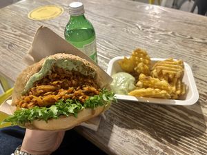 Mother trucker burger and waffle fries  at Veg Machine in Tallinn
