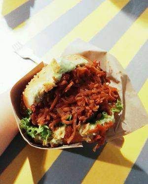 A nice burger with sweetpotato! at Veg Machine in Tallinn