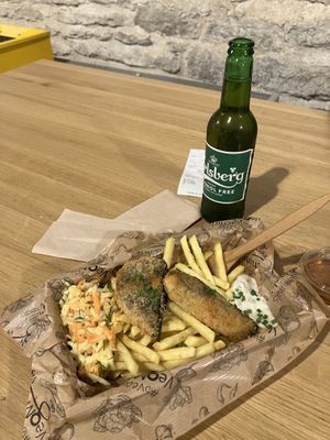 Fish (mycoprotein) & chips with vinegar  at Veg Machine in Tallinn