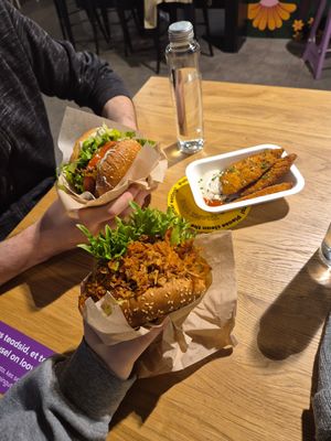Beyond burger (top), Shredded sweet potato burger (bottom), Chickn tenders with mayo and sriracha at Veg Machine in Tallinn