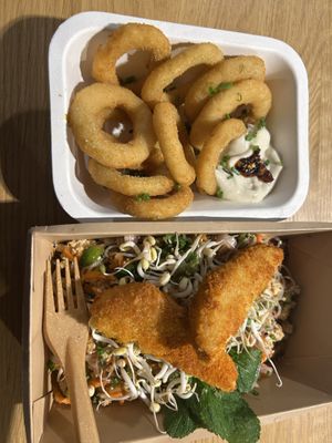 glass noodle salad with chicken, and onion rings  at Veg Machine in Tallinn