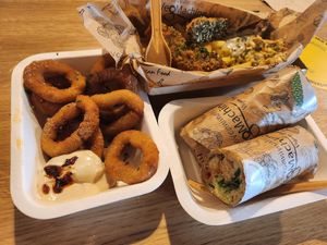 Caesar wrap, vish and chips and onion rings at Veg Machine in Tallinn