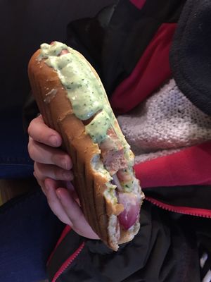 hot dog with delicious dill mustard sauce.  at Veg Machine in Tallinn