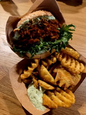 pulled sweet potato burger with waffle fries at Veg Machine in Tallinn