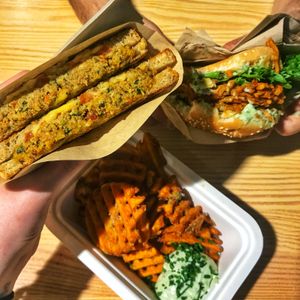 toastie, burger & sweet potato fries at Veg Machine in Tallinn