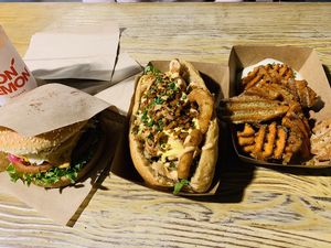 vegan cheeseburger &hot dog (both beyond meat) & sweet potatoe waffle fries at Veg Machine in Tallinn