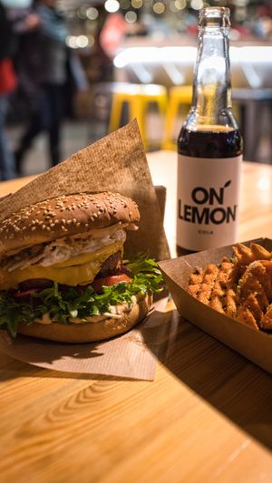 Cheeezeburger with Beyond Meat & Sweet Potato Waffle fries with basil mayo at Veg Machine in Tallinn