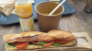 Veggie Hummus sandwich, pumpkin soup and a drink  at Tree House in Nantes