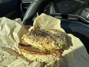  Bagel sandwich with tempeh bacon, cashew cheese and avocado!  at Black Currant Bakehouse in Union Pier