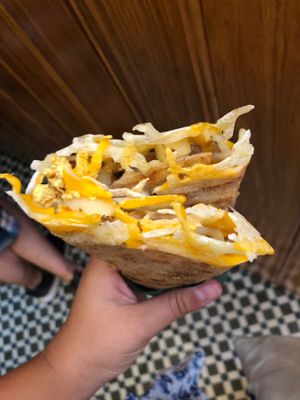 Breakfast crêpe with fake cheese (Halumi and others), spicy hummus, scrabled tofu. SO GOOD!! at Sama Sama Catering in Lisbon