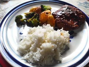 Vegan steak with rice and vegetables. at Loving Hut - San Cristobal in San Cristobal De Las Casas