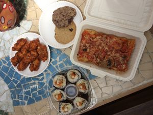 Lasagne, pollo , sushis and cookies  at Loving Hut - San Cristobal in San Cristobal De Las Casas