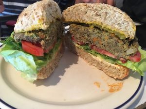 Burger - sauces were delicious at Loving Hut - San Cristobal in San Cristobal De Las Casas