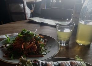 Low-carb nut salad with peanut sauce + Vietnamese roll (oops, shrimp) at Monsoon Cafe - Aqua City Odaiba in Tokyo