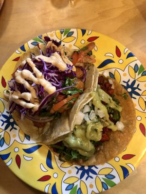 Tacos de camarón y adobada  at La Taqueria Vegiee in Tijuana