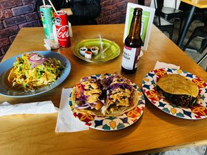 Tacos de papá taco de camarón taco gobernador y mulita de asada   at La Taqueria Vegiee in Tijuana