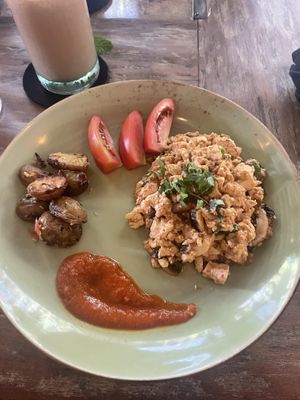 Tofu scramble with coriander potatoes  at Clear Cafe in Ubud