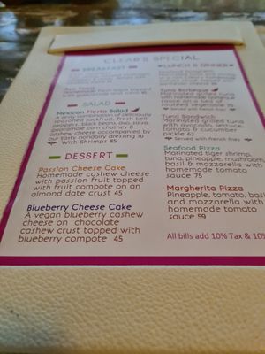 Menu with vegan deserts at Clear Cafe in Ubud