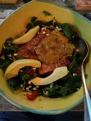 Red rice tempeh bowl at Clear Cafe in Ubud