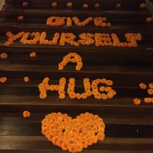 Daily changing flower message on the stairs!  at Clear Cafe in Ubud