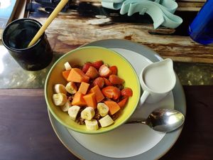 Vegan granola bowl with fruit and cashew mylk at Clear Cafe in Ubud