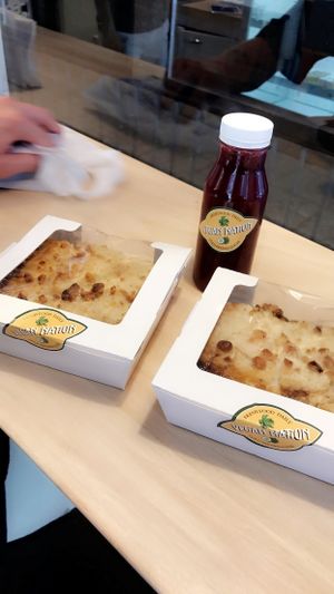 Moussaka and beetroot/ginger/apple/carrot-juice at Vegan Nation in Athens