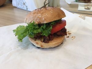 Jack fruit burger - yum  at Vegan Nation in Athens