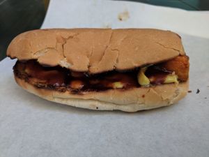 Carrot hotdog (amazing BBQ flavour) at Vegan Nation in Athens
