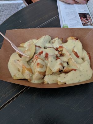 Vegan wedges with the most amazing sauce! at Vegan Nation in Athens