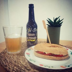 Spelled vegan sandwich and ecologic beer at La Pajarita in Tenerife