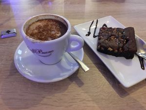 Cappuccino with warm chocolate cake  at Cervecería Passion in Gran Canaria