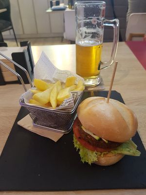 Vegan burger plate. Good price. at Cervecería Passion in Gran Canaria