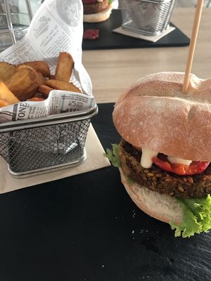 Vegan burger with wedges  at Cervecería Passion in Gran Canaria