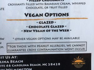 "Vegan options" on the printed menu at Wake N Bake at Wake N Bake Donuts in Wilmington